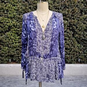 Free People Drop Waist Paisley Blue Tunic Long Sleeve Top Boho Hippie Small